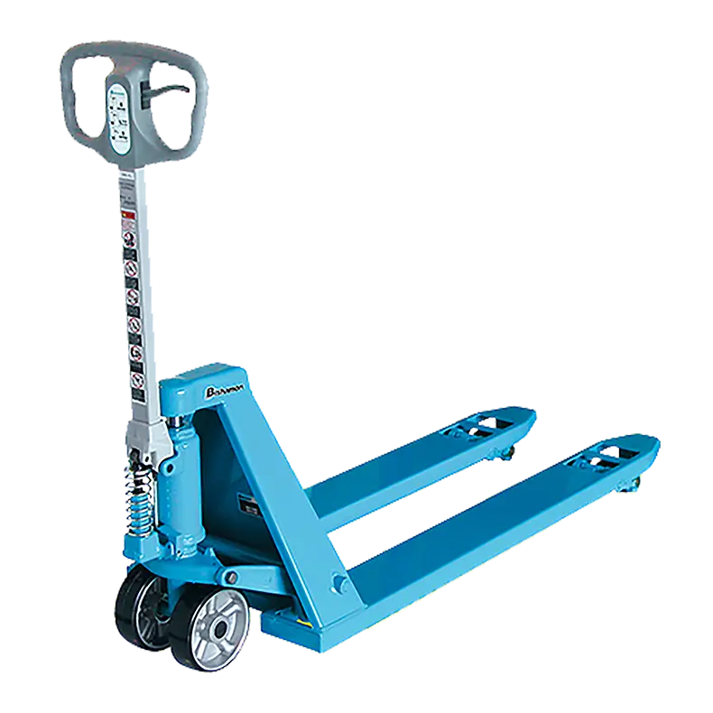 Image of the Bishamon PT07 Pallet Truck, a heavy-duty 2000kg capacity hand pallet jack with short 980mm forks, a 520mm width, high-quality polyurethane wheels, and a durable control handle.