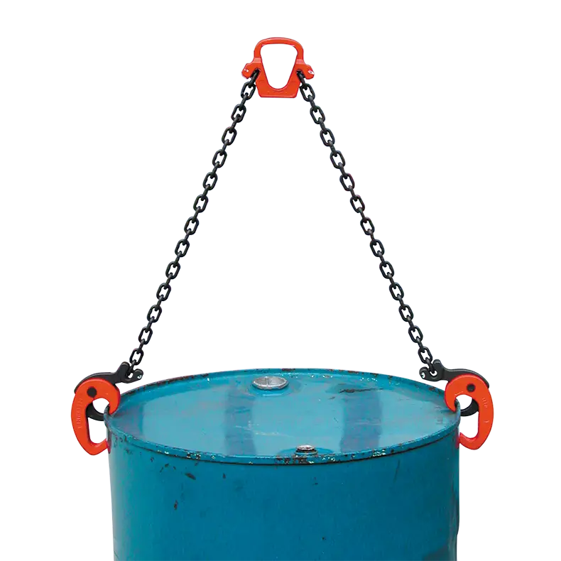 DLC drum lifting clamp, heavy-duty vertical rim-grip lifter for 200L steel drums.