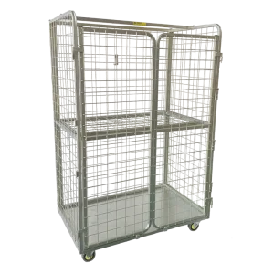 Heavy-duty LC123T four-sided laundry cage trolley with a bright zinc-plated wire mesh structure, featuring smooth-running castors and an optional folding shelf.