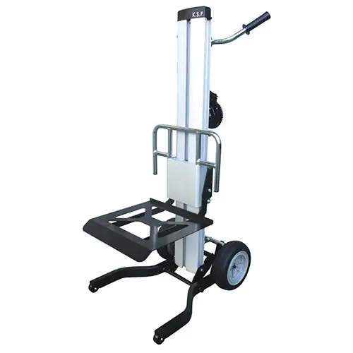 "Hand truck with a winch and platform, designed for lifting up to 120kg."