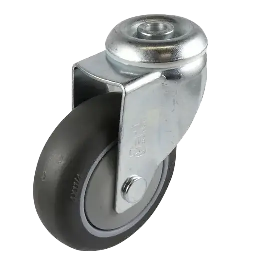 100mm grey rubber bolt hole swivel castor with an 100kg load rating. Ideal for light-duty trolleys and furniture.