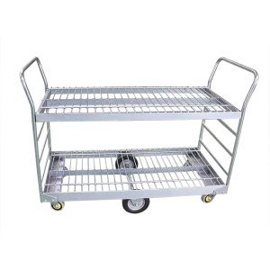 TTPT 2-tier produce trolley with heavy-duty wire shelves for retail stock replenishment.