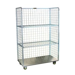 Image of the WM123 Wire Mesh Shelf Trolley, an industrial storage and transport cage with three open wire mesh shelves, a durable zinc-plated finish, and two fixed and two swivel castors. The trolley has a 350kg capacity.