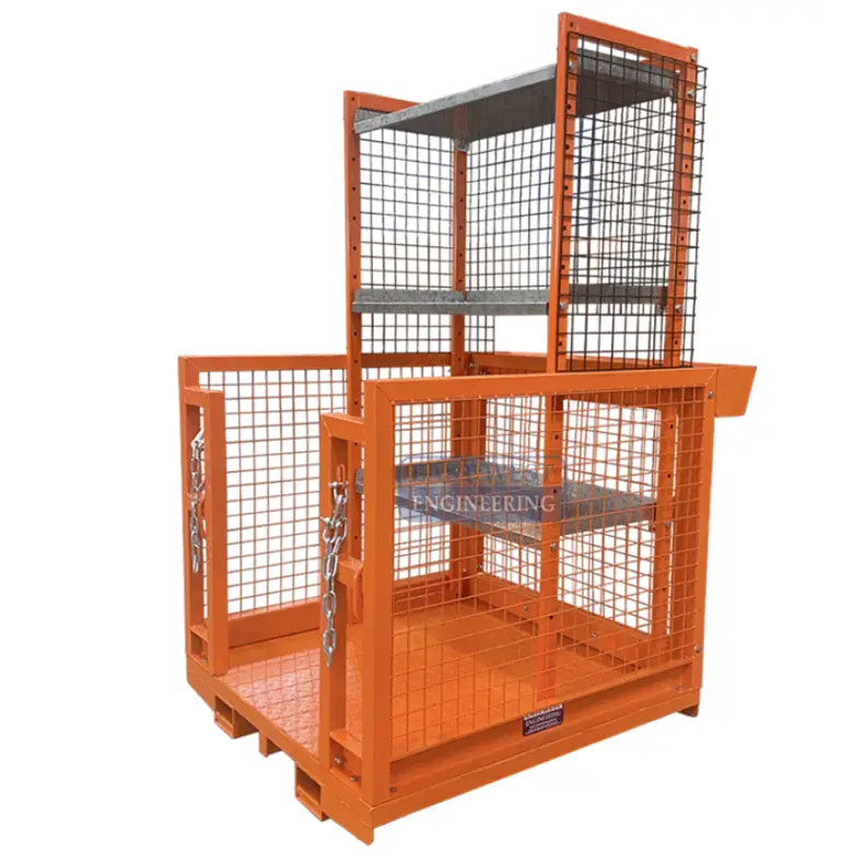 Forklift mounted WPOP-SU19 personnel cage for inventory picking and high-level stock maintenance in warehouses.