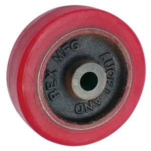 IRT100RTPB Cast Iron Rexthane Wheel, 100mm diameter x 32mm tread width, with a plain bore for 12.7mm axle.