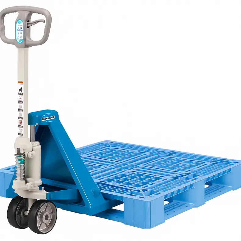Bishamon PT06 hand pallet truck – 2000kg capacity, 4-way CHEP entry, showing forks, handle and polyurethane wheels