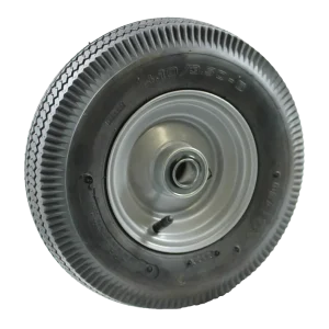 BW150B wheel assembly featuring a 150mm steel rim and a 410/350x6 pneumatic tyre, fitted with a low speed bearing.