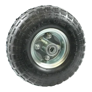 FBCS100 wheel assembly featuring a 100mm steel rim and a 410/350x4 pneumatic tyre, fitted with a low speed bearing.