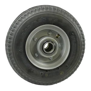 FBSR100B wheel assembly featuring a 100mm steel rim and a 280/250x4 pneumatic tyre, fitted with a low speed bearing.