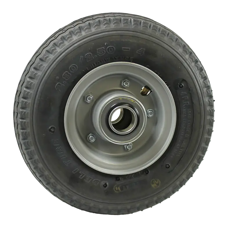 FBSR100B wheel assembly featuring a 100mm steel rim and a 280/250x4 pneumatic tyre, fitted with a low speed bearing.