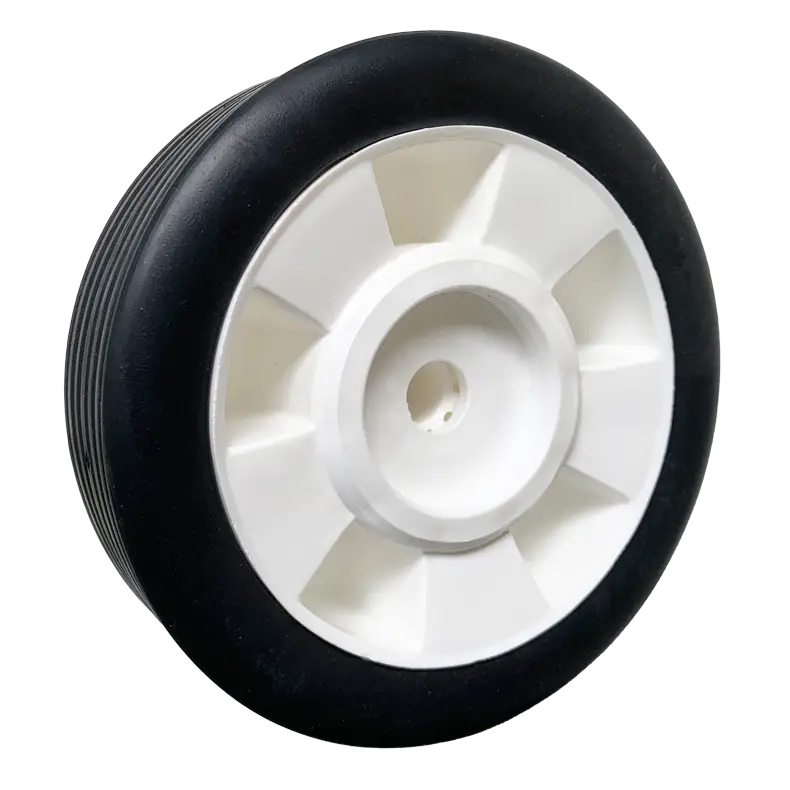 JKR125PB Lawn Mower Wheel, a durable plastic wheel with rubber tread, 125mm diameter x 38mm width, featuring a 12.7mm (half-inch) plain bore for the axle.