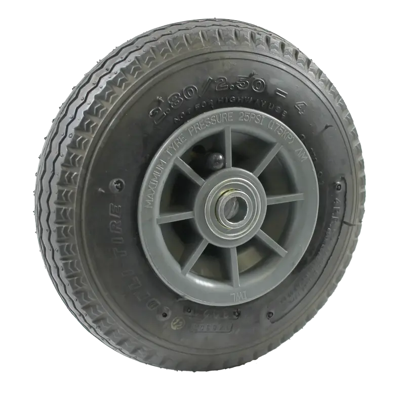 Compact PW100BA pneumatic wheel, suitable for trolleys and hand carts, featuring a plastic rim and durable low speed bearing.