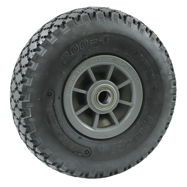 Industrial PW100BB pneumatic wheel, ideal for hand trucks and trolleys, with a plastic rim and durable low speed bearing.