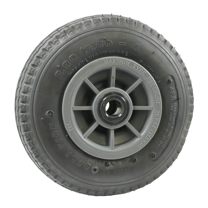 Lightweight PW100NA pneumatic wheel, ideal for general applications, featuring a plastic rim and cost-effective nylon plain bore.