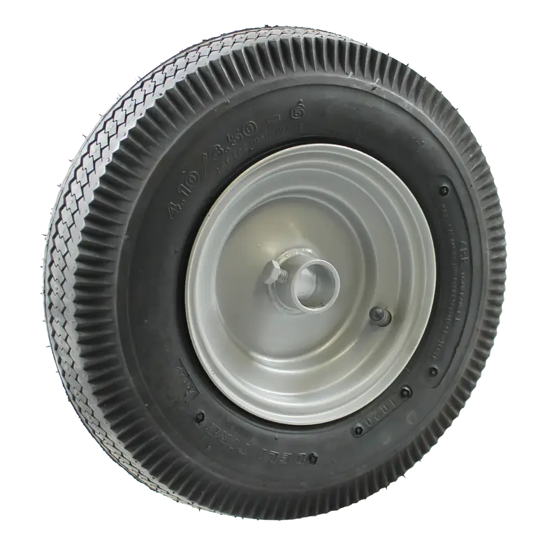 WB150A wheel assembly featuring a 150mm steel rim and a 410/350 x 6 pneumatic tyre with a 27mm plain bore.