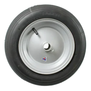 WB200A wheel assembly featuring a 200mm steel rim and a 300x8 pneumatic tyre with a 27mm plain bore.