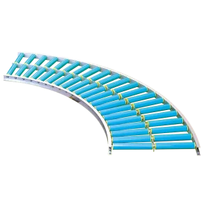 ABS gravity conveyor roller bend, 90-degree curved section for directional material flow.