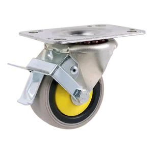Swivel industrial wheel with top plate and brake, featuring a non-marking thermoplastic rubber tread
