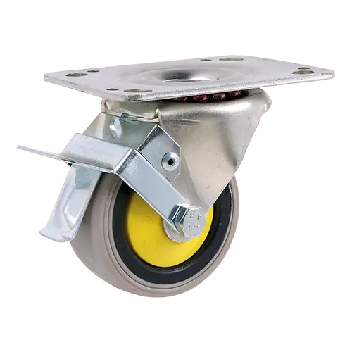 Swivel industrial wheel with top plate and brake, featuring a non-marking thermoplastic rubber tread