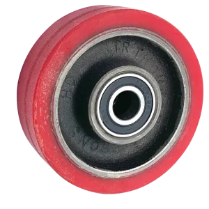IRT100RTBB Cast Iron Rexthane Wheel, 100mm diameter x 32mm tread width, with ball bearings for a 15mm axle.