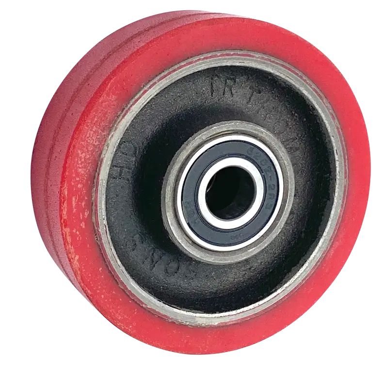 IRT100RTBB Cast Iron Rexthane Wheel, 100mm diameter x 32mm tread width, with ball bearings for a 15mm axle.