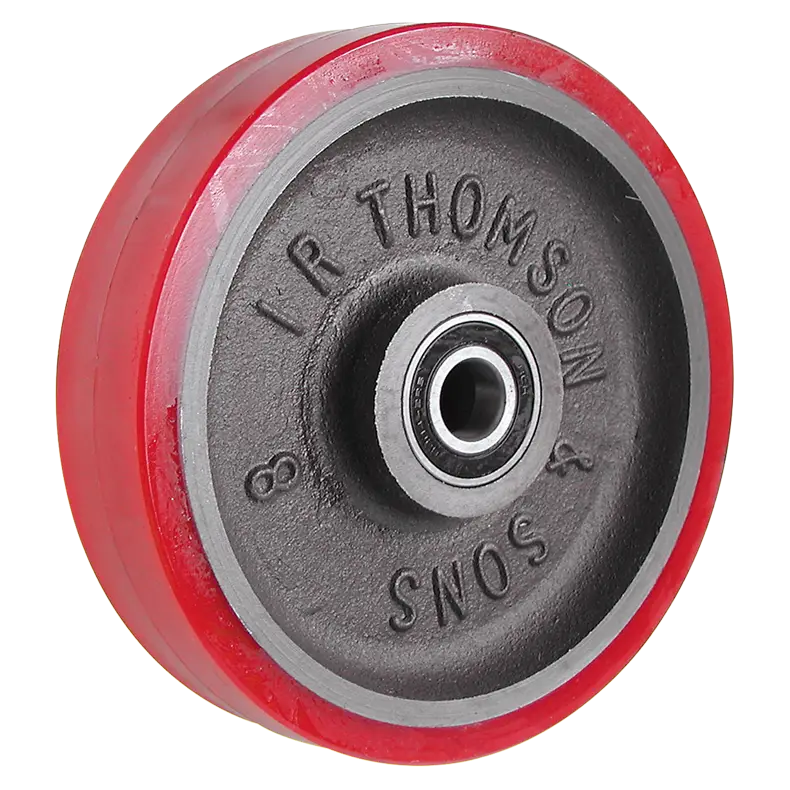 IRT200RTBB Cast Iron Rexthane Wheel, 200mm diameter x 45mm tread width, with ball bearings for a 20mm axle.