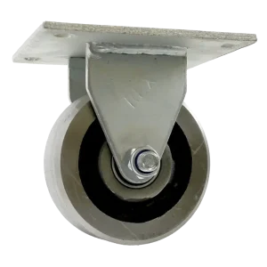 Close-up of the robust MHDF100I fixed plate castor, featuring a 100mm diameter solid cast iron wheel, durable zinc-plated housing, and a 350kg load rating.