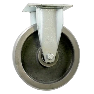 Close-up showing the thick, pre-drilled fixed mounting plate and the sturdy yoke of the MHDF200I castor, supporting a 200mm cast iron wheel.