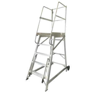 High-frequency REX STEP order picking ladder with a 600x600mm deck and side access rail, designed for warehouse racking and stock management.