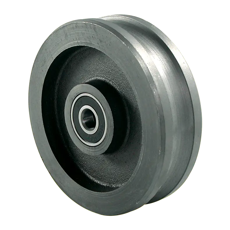 TWC200 200mm C-grooved cast iron wheel with 15mm bearings for NZ pipe-track systems.