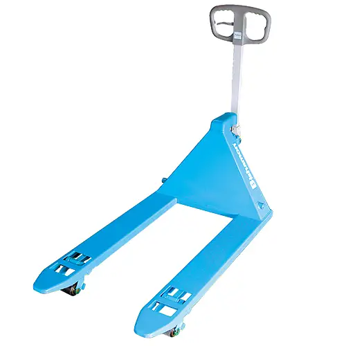 view of a heavy-duty Bishamon PT08 Manual Pallet Truck, rated for 2000kgs, featuring 1070mm long and 685mm wide forks.