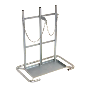GBS20A Double Gas Bottle Stand, NZ Made, designed to safely secure two gas cylinders, featuring durable steel construction and safety chain restraints.