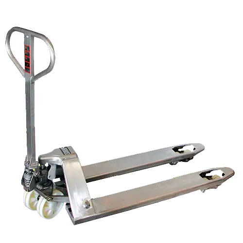 NSA20 2000kg stainless steel pallet truck with 1150mm x 520mm forks, ideal for food-grade environments.