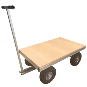 Flat-Deck Turntable Trolley with a timber deck and long handle for pulling with ease.