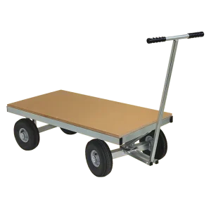 "Flat-Deck Turntable Trolley with a timber deck and long handle for pulling with ease"