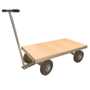 Flat-Deck Turntable Trolley with a timber deck and long handle for pulling with ease