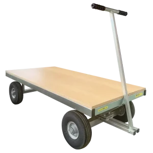 Flat-Deck Turntable Trolley with a timber deck and long handle for pulling with ease.