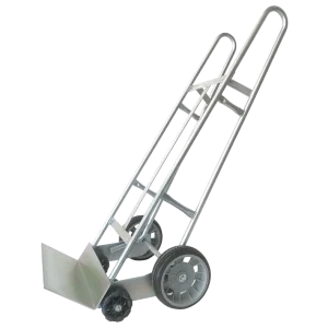 The Rotatruck RT90 Steel Monster upright, showing the 1550mm reinforced steel frame, flat toe plate, and triple omni-wheels for industrial use.