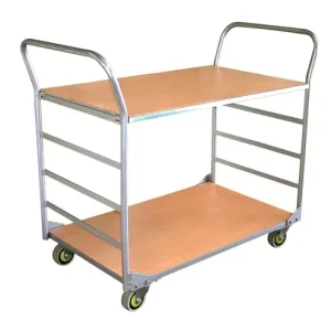 Two-tier metal rolling cart with wooden shelves, end rails, and four caster wheels.