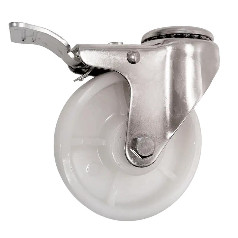 Stainless steel bolthole brake castor with white nylon wheel