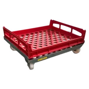 Red bread crate loaded on a zinc-plated bread crate dolly with nylon castors